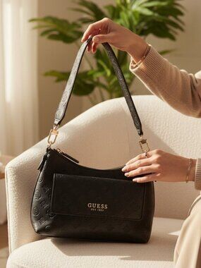 Guess Black Logo Embossed Shoulder Bag Baguette Purse Gold Hardware Mini Handbag